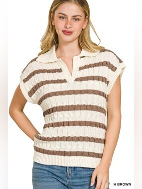 Zenana Textured Stripe Collared Sweater Vest